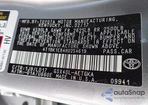 2017 Toyota Avalon Xle из США, поврежденный, VIN 4T1BK1EB4HU254619